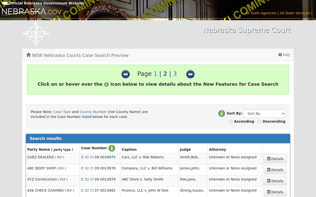Banner County case search JUSTICE results layout