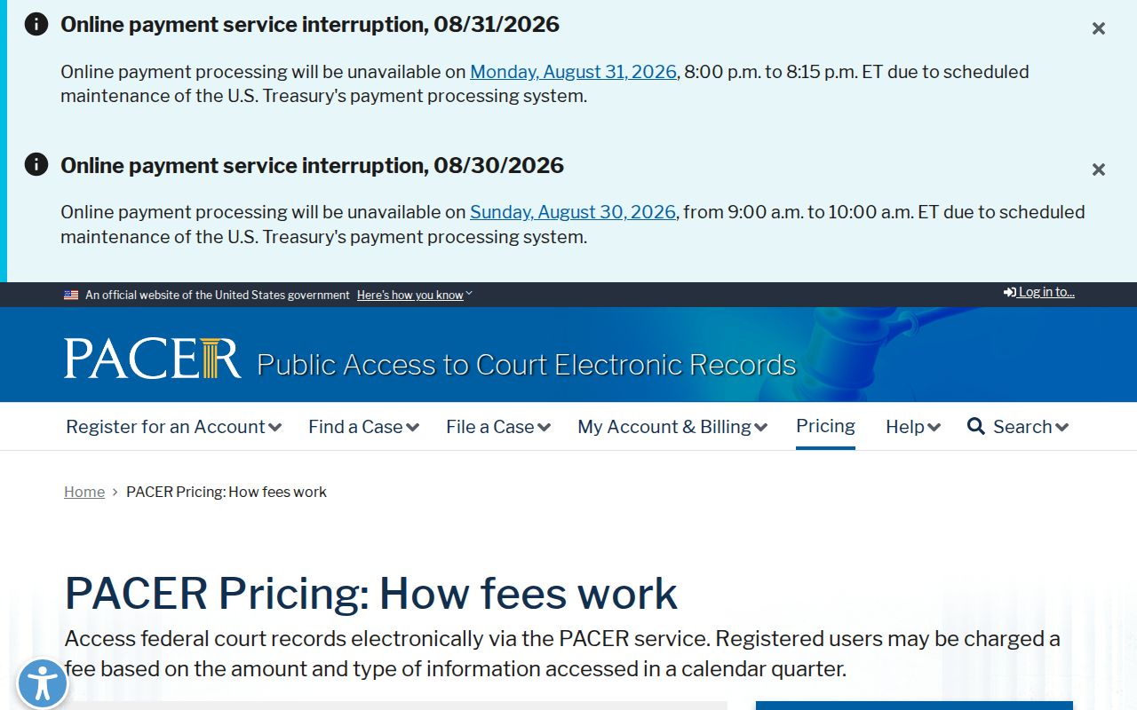 Banner civil docket federal PACER fee information separate from state court records
