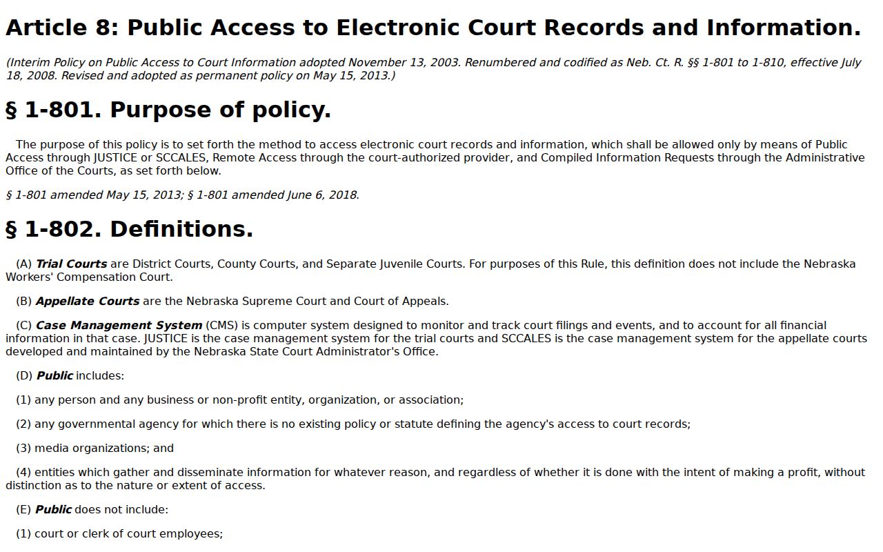 Banner civil docket Nebraska Article 8 public access court records rule