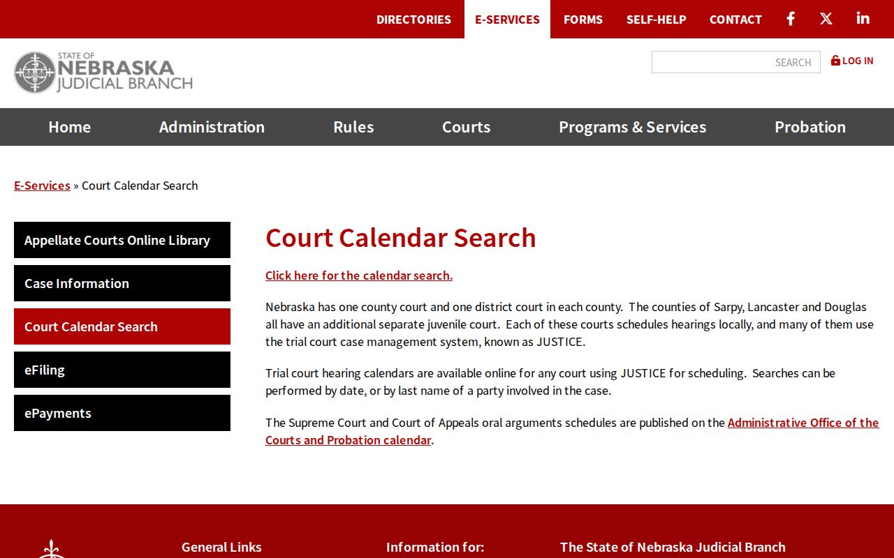 Banner County court calendar service landing page