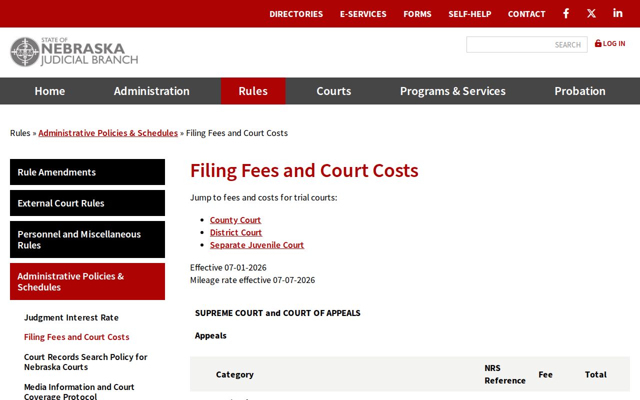 Banner criminal docket Nebraska court fee schedule and court records information